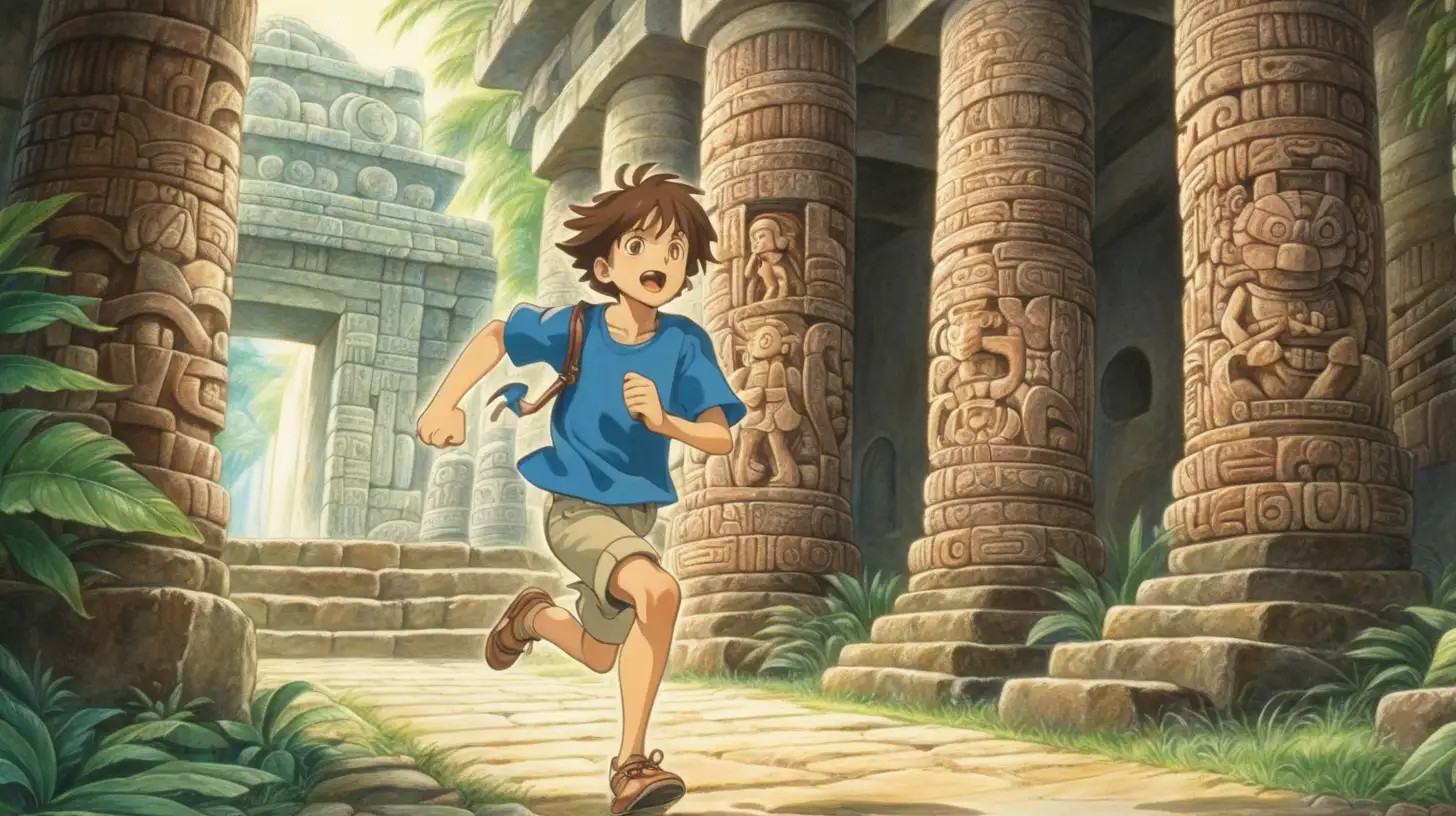 a boy with brown hair running in an old temple of the maya, happy, peaceful, beauiful illustration of fantasy, ghibli, princess mononoke, soothing, dark, music, amazing detailed game poster, Hayao Miyazaki --ar3:2 --niji 5
