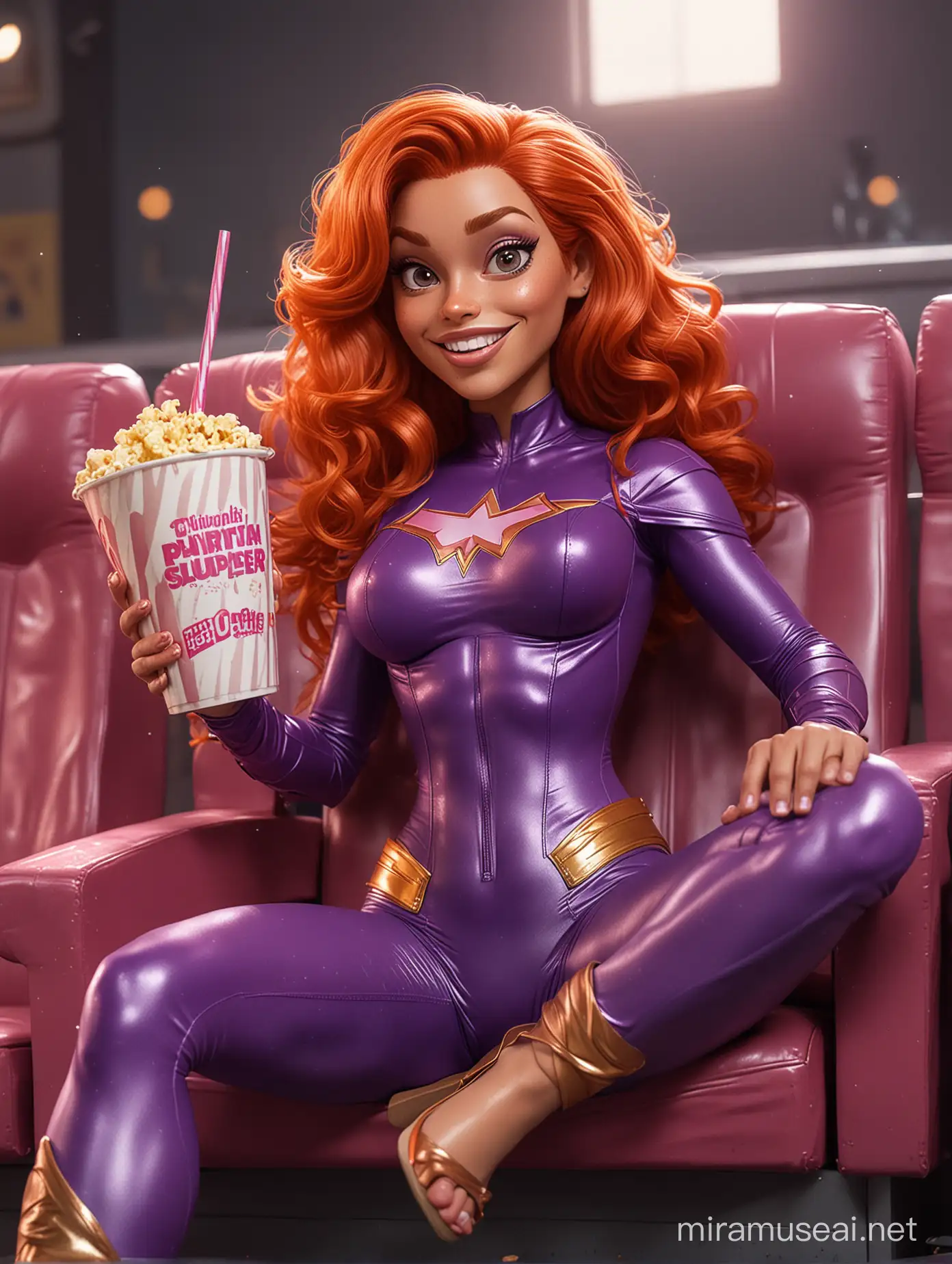 Make full-body red-haired Starfire from DC Comics illustration in caricature artstyle, with its original purple latex superhero less skin-exposed suit, sitting with feet folded on a cinema seat, holding popcorn box and a cup of slurpee, eyes on the screen, watching the movie with slighlty happy expression
