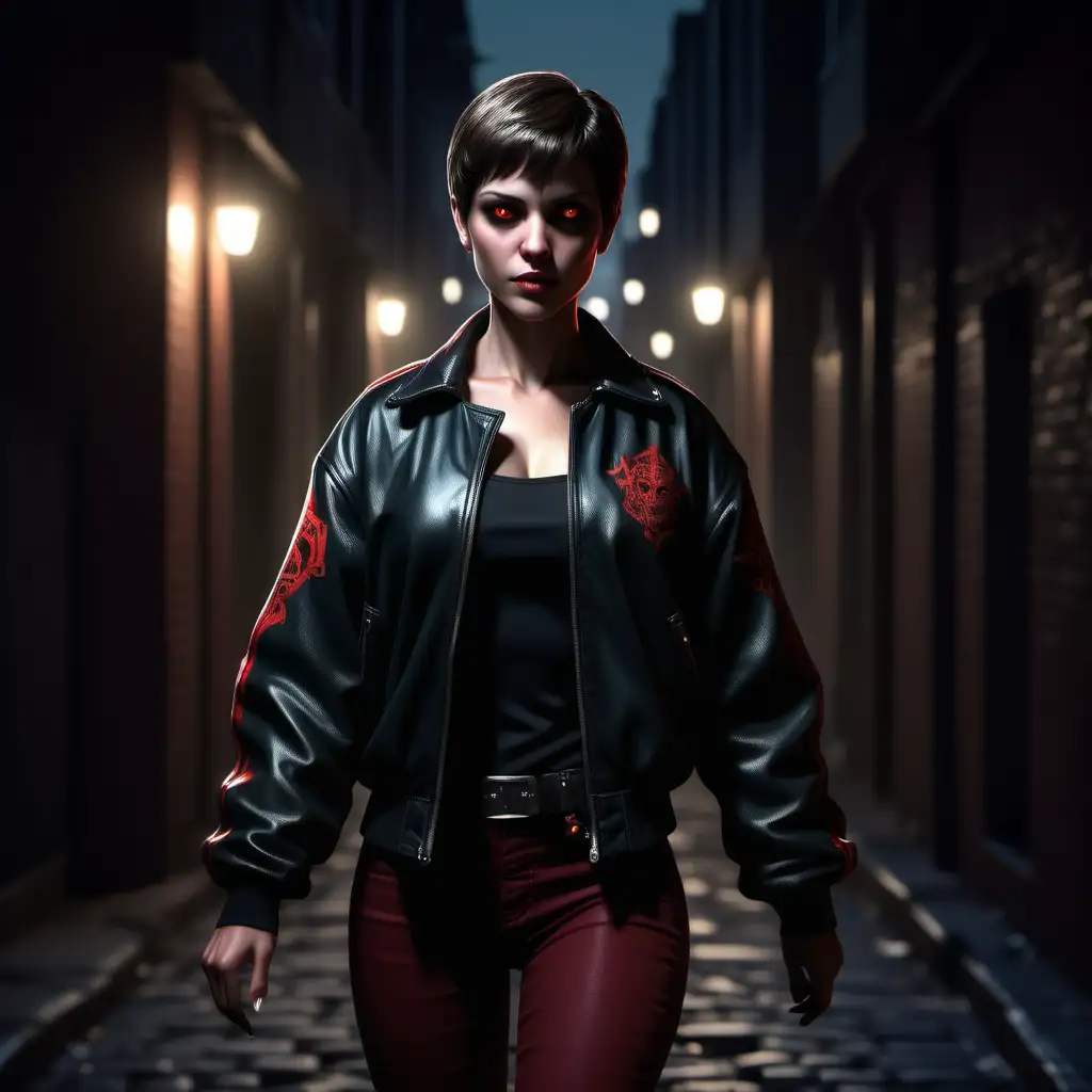 A female Toreador enforcer, short hair, glowing eyes, casual clothing, wearing a jacket, walking on an alley at night, realistic