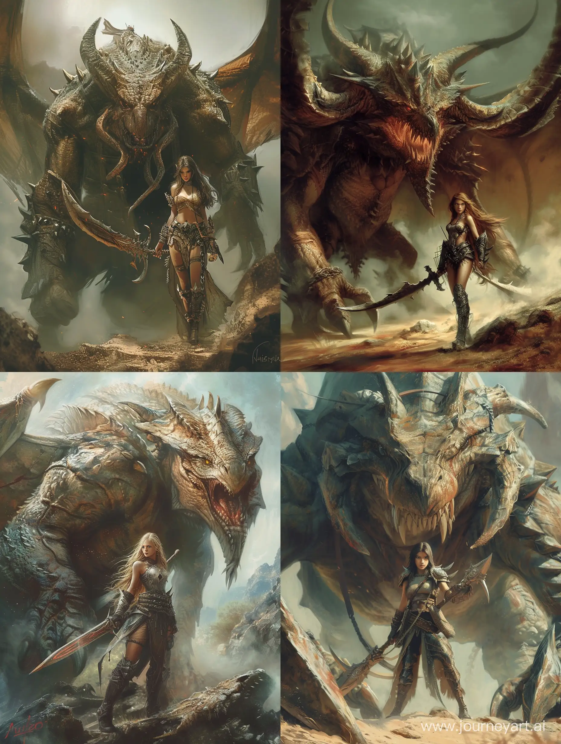 Epic-Female-Warrior-and-Enormous-Wicked-Creature-in-Luis-Royoinspired-Fantasy-Art
