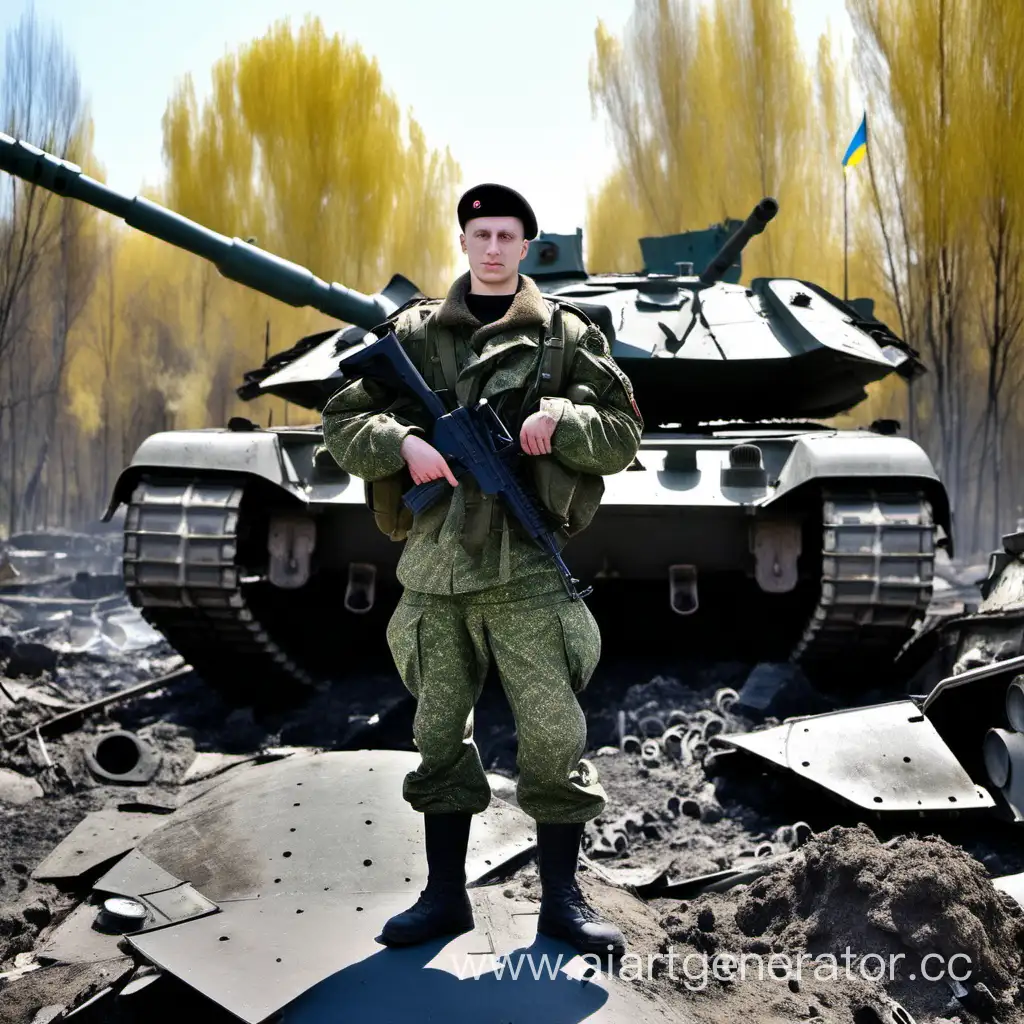 Russian-Soldier-Standing-on-Destroyed-Ukrainian-Tank