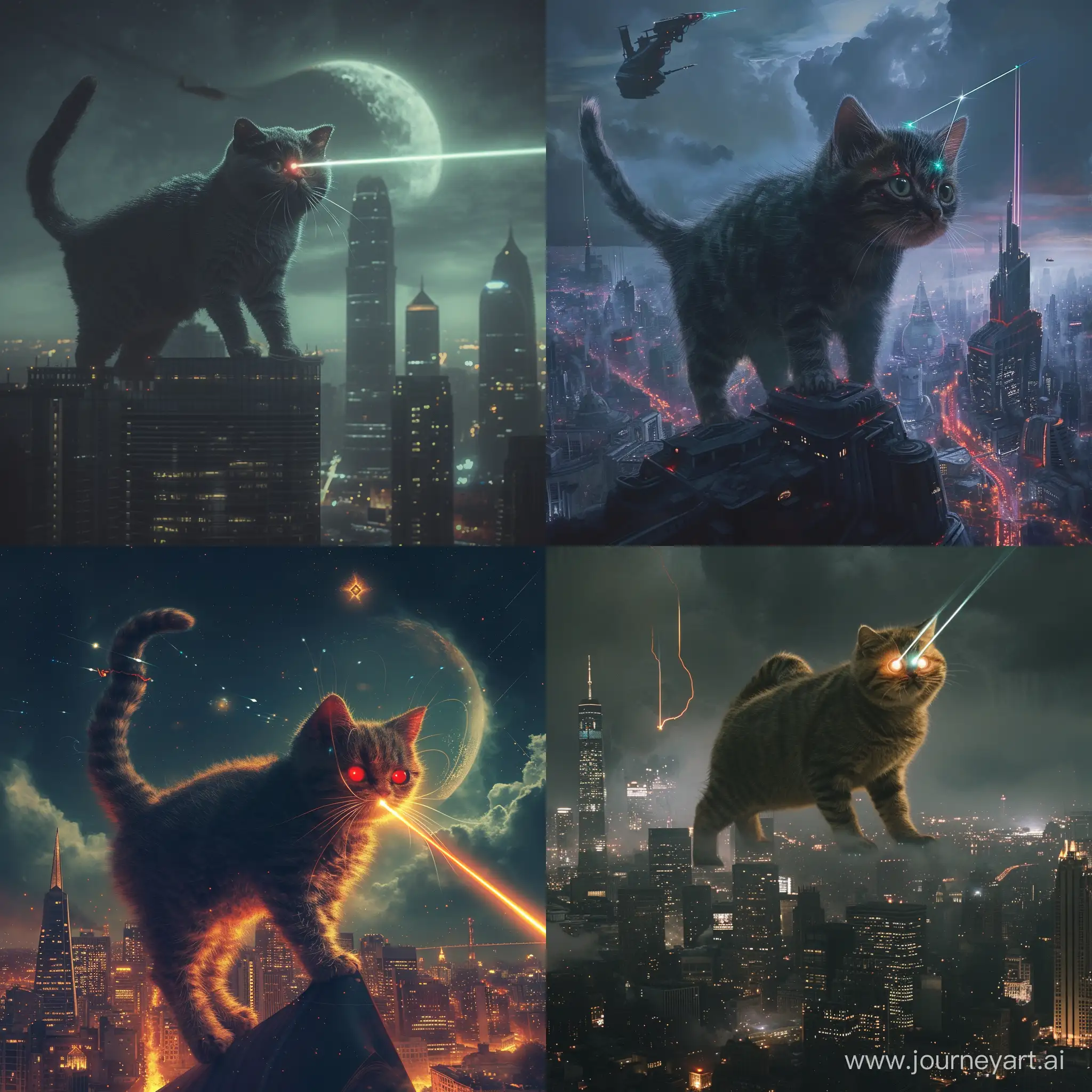 Гигантский котенок стреляет лазером из глаз по ночному городу