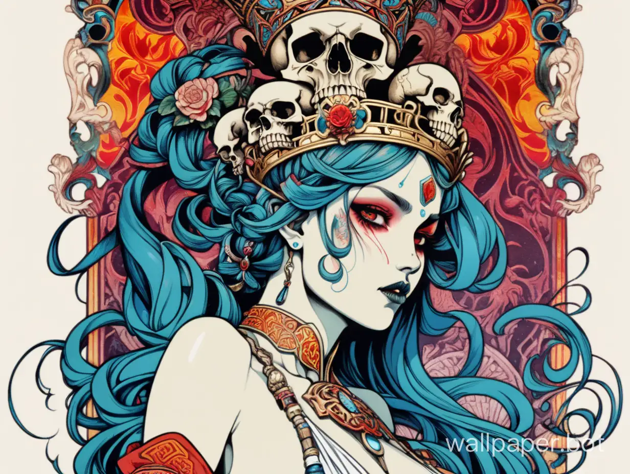 crazy horror skull odalisque, chaotic crown, sexy horror, chaos ornamental assimetrical, chinese poster, torn poster edge, alphonse mucha hiperdetailed, highcontrast colors, deep perspective backgroung, explosive dripping colors, sticker art
