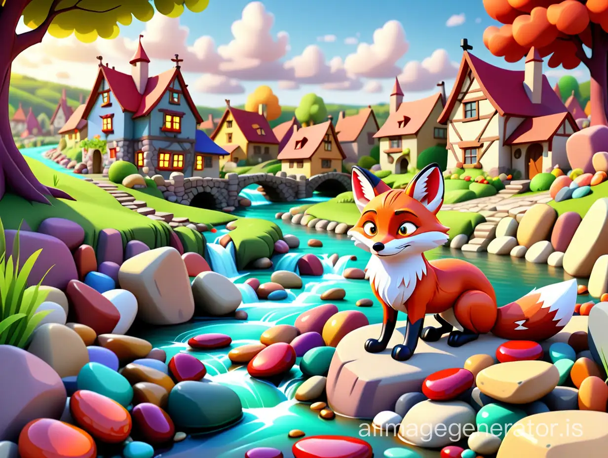 Fairy tale style. A beautiful colorful river. There is a little red cartoon fox by the river. Next to the cartoon fox is a pile of colorful stones that radiate a beautiful light. Nice village in the background. Hyper-real.