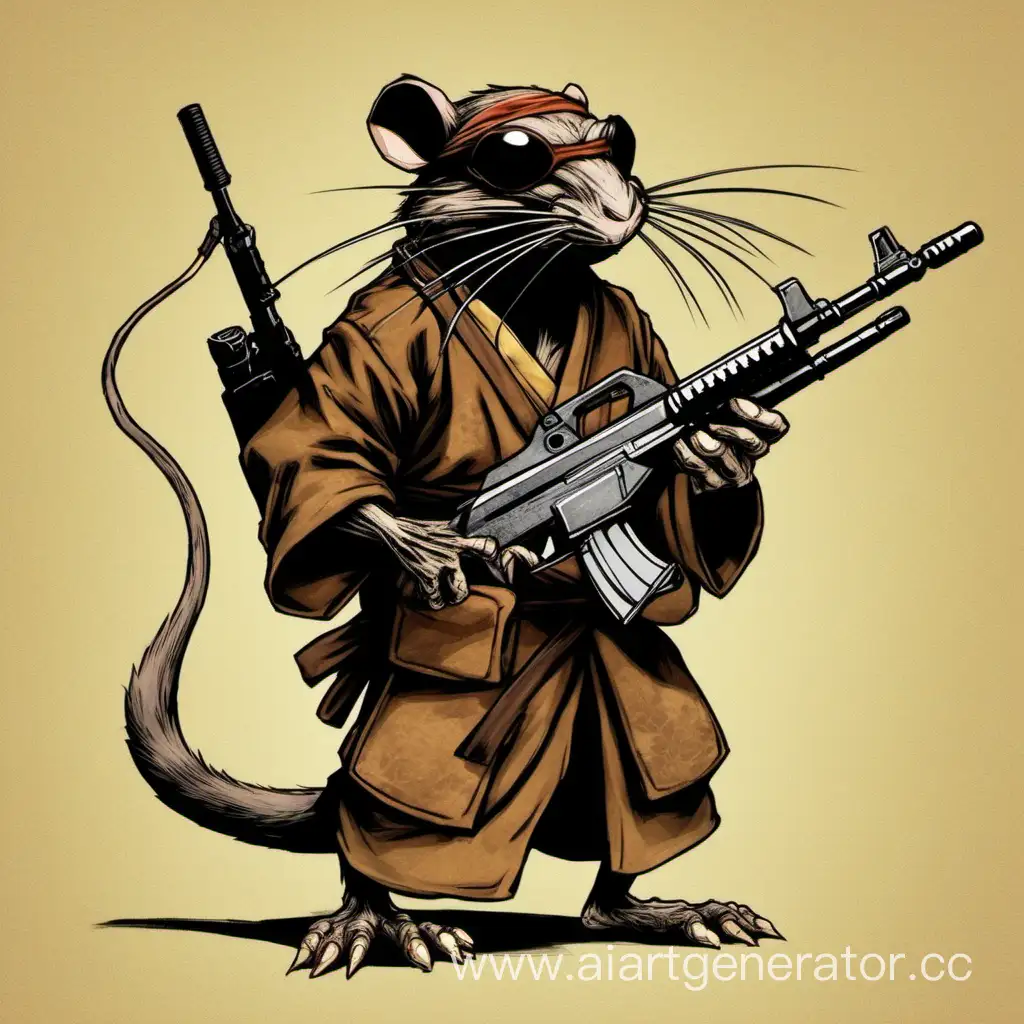 SPLINTER RAT FROM NINJA TURTLES WITH A KALASHNIKOV MACHINE IN HANDS AND AN EYE PATCH IN A JAPANESE BROWN KIMONO
