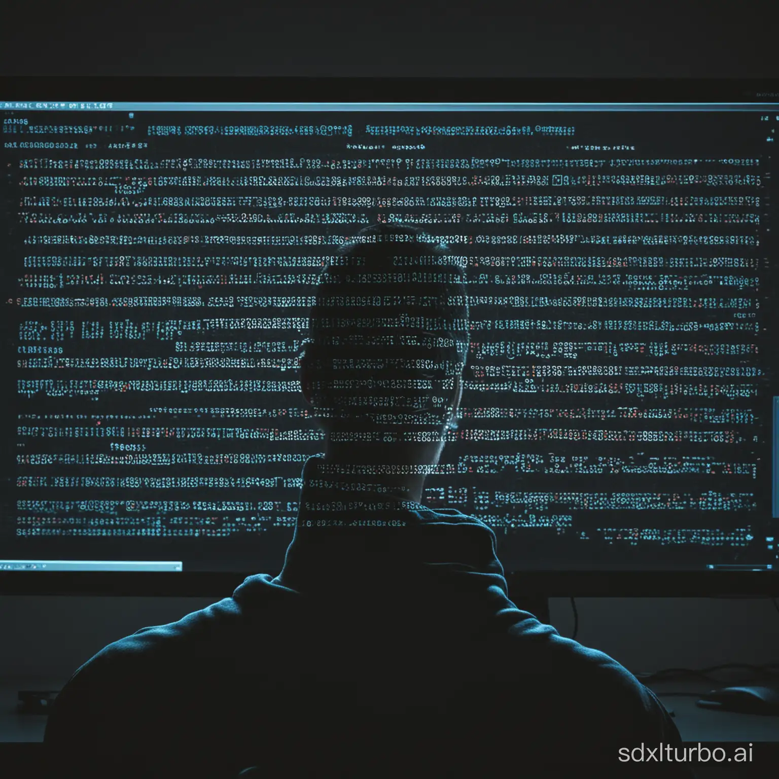 A person facing a computer screen, displaying code, hacker style
