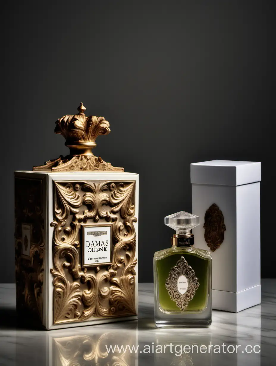 a bottle of damas cologne sitting next to a box, a flemish Baroque by Demetrios Farmakopoulos, instagram contest winner, dau-al-set, dynamic composition, contest winner, feminine