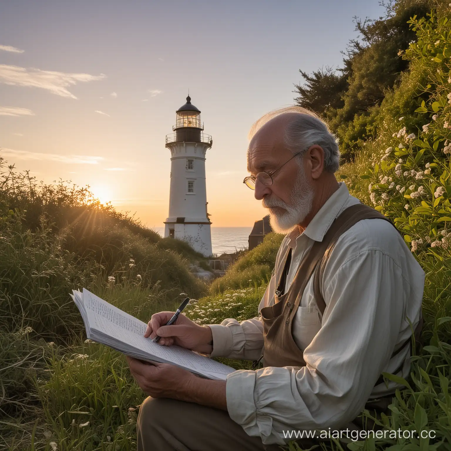 Beneath the shadow of an ancient lighthouse, an 'egghead' with pronounced sideburns pores over his notes on local flora and fauna. His focus is unbreakable, even as the daybreak illuminates the never-ending horizon before him.
