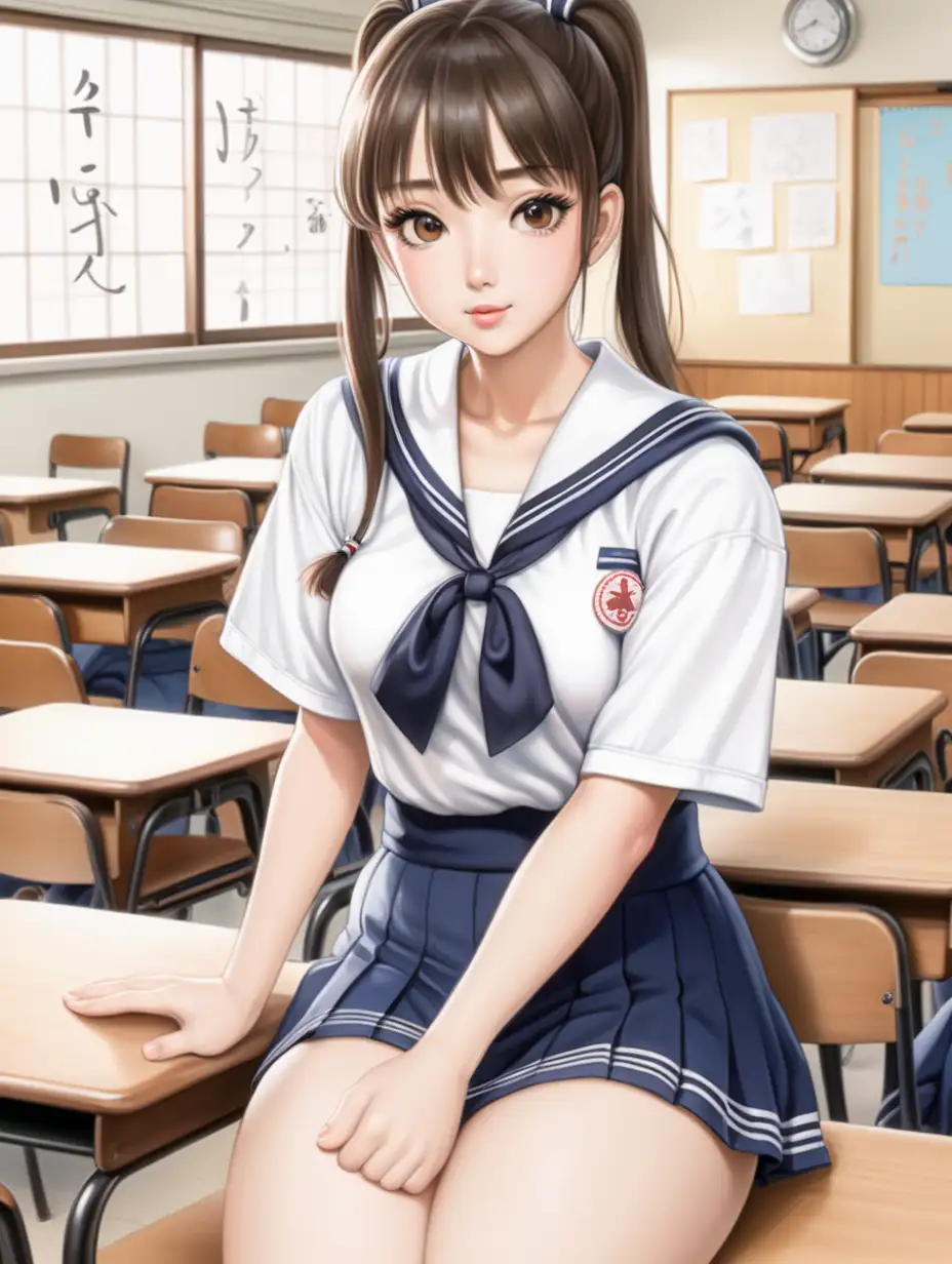 画一个日本女人，身材微胖，梳着高马尾，穿着海魂衫，大腿略粗，神情高冷，在教室