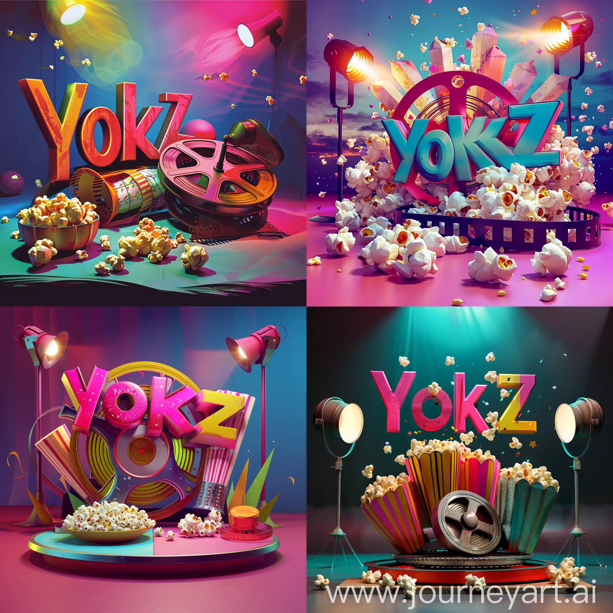 Create 'Yokz Screening' profile pic: bold 'Yokz', film reel motif, vibrant colors, 4K, popcorn, spotlight. Make it pop