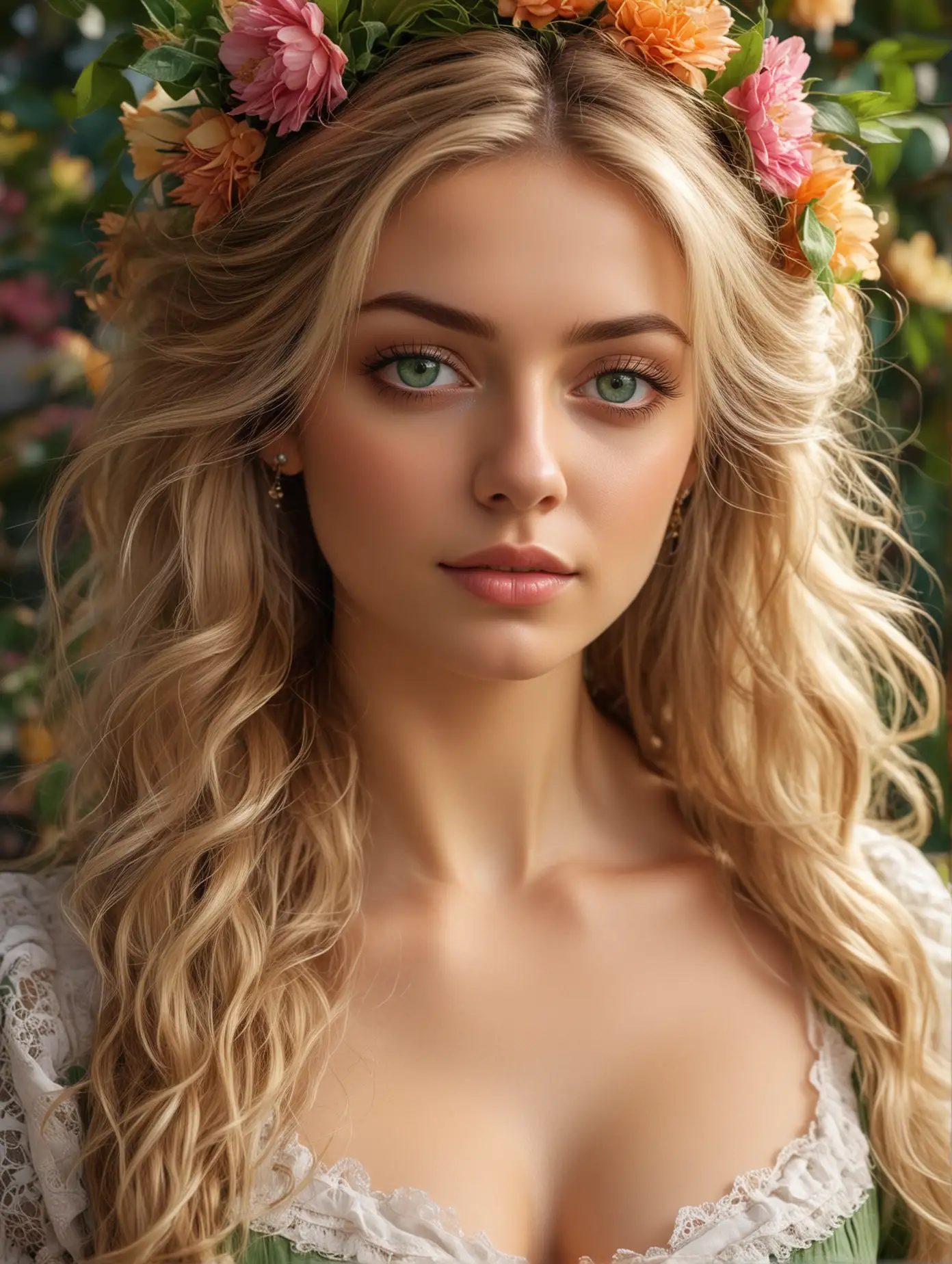 beautiful, woman with long wispy blonde hair, beautiful huge green eyes, 26 years old, Victorian era, flowers, colorful, vivid, vibrant, natural lighting, extremely detailed, ornate, hyper resolution, HD, 3D,