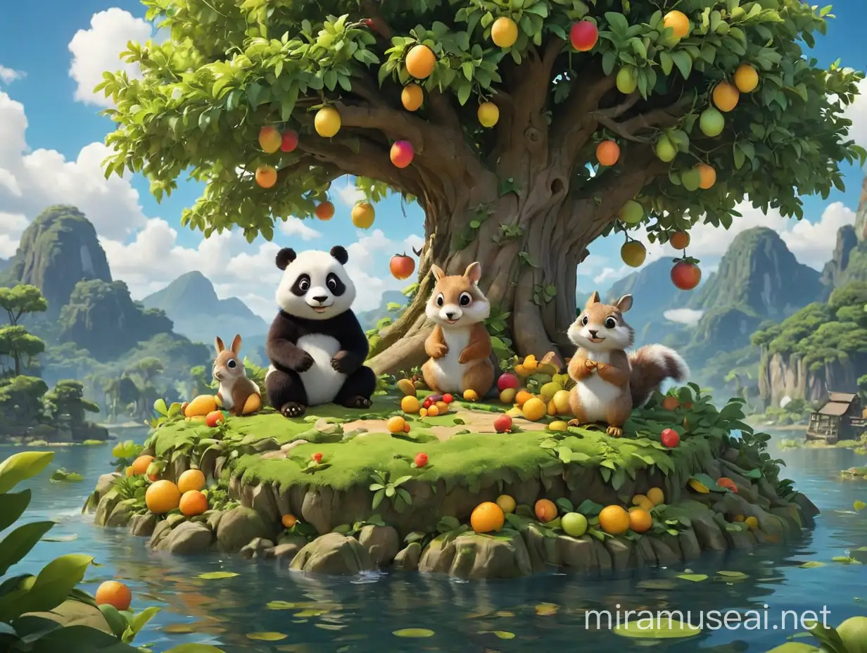 Panda, rabbit, and squirrel arrived at a floating island. There is a magical fruit tree on the island, which is full of colorful fruits.