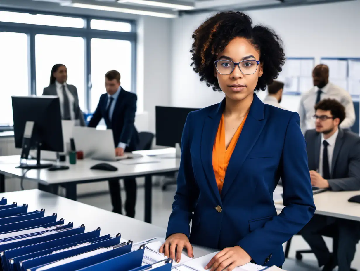 femme noire métisse, informaticienne, costume bleu foncé, debout, beaucoup dossiers table, bureau lumineux, arrière plan autres travailleurs