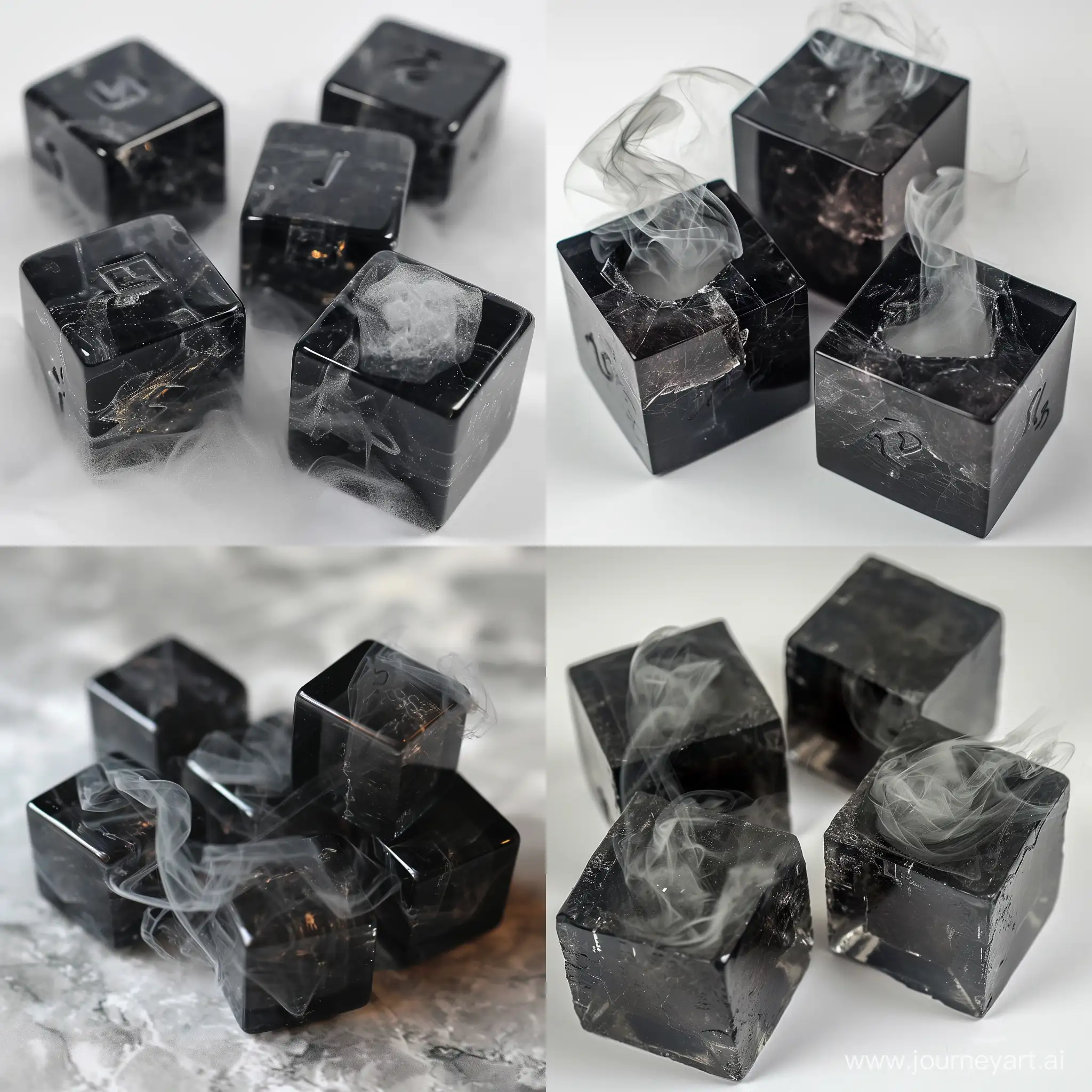 Very black transparent d20 epoxy resin cubes with a small amount of gray smoke inside
