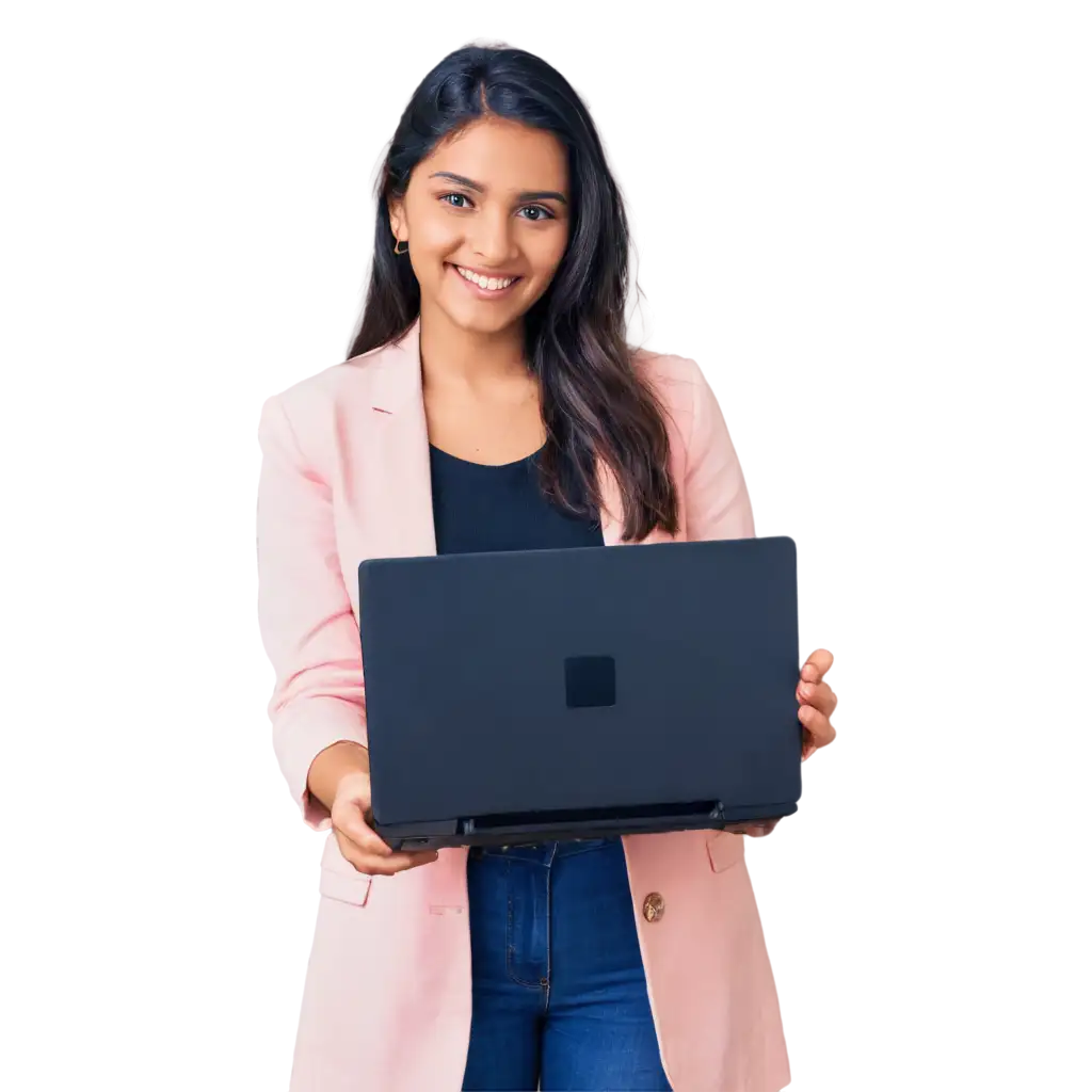 12th standard indian girl with happy smile showing computer 
