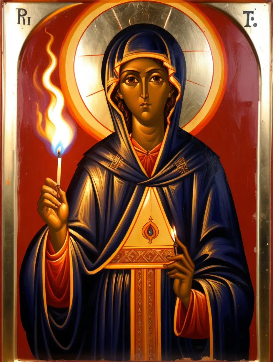 byzantine icon painting of female saint holding a lit match in one hand which is on fire. the robes have fire on them. the eyes are fully black and shiny 