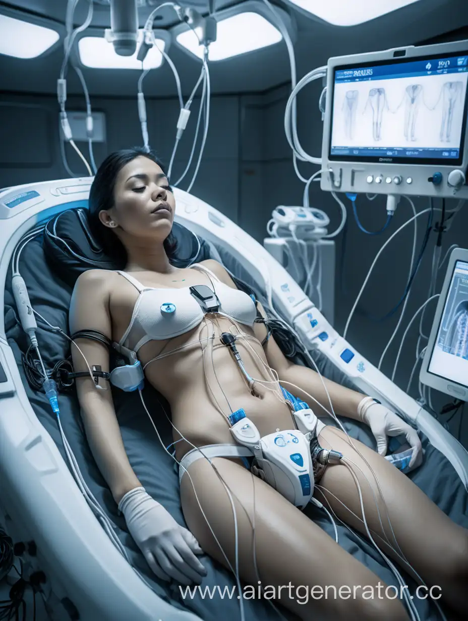 An adult woman lying down in a sleek, futuristic medical chamber. She is of average attractiveness, with white skin that contrasts sharply against the sterile steel of the chamber. Numerous heart monitor electrodes are placed on her chest and breasts, connected by wires that disappear into the chamber's ceiling. The woman wears an underwire bra. Sensors adorn various parts of her body, from her fingers to her toes, monitoring her vital signs with precision. A clear hose runs from her groin area to a nearby drainage system, indicating that it's been placed there to drain any fluids that may accumulate in that area.