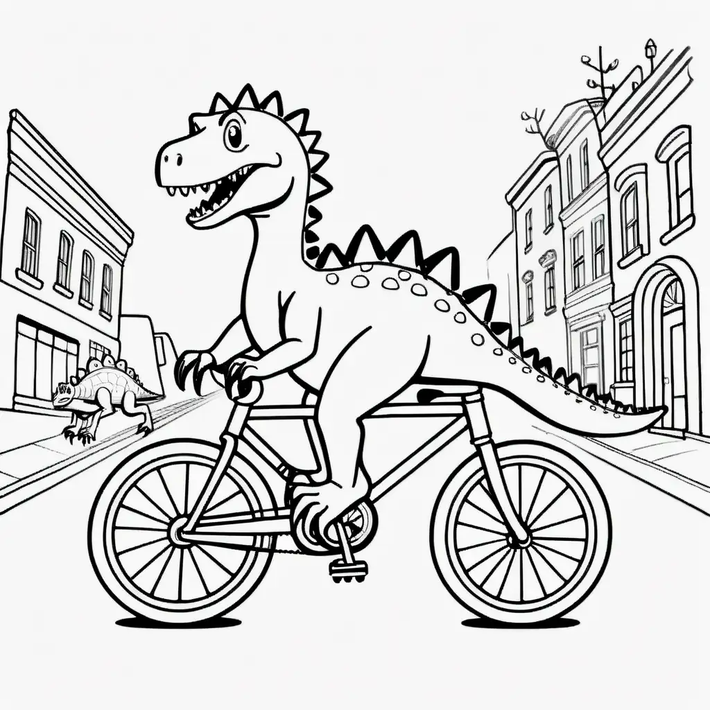b/w outline art for kids coloring book page dinosaur themed, on daily life activities, coloring pages: Stegosaurus riding a bicycle on the street (((((white background))))). Only use outline, cartoon style, line art, coloring book, clean line art, sketch style, line art