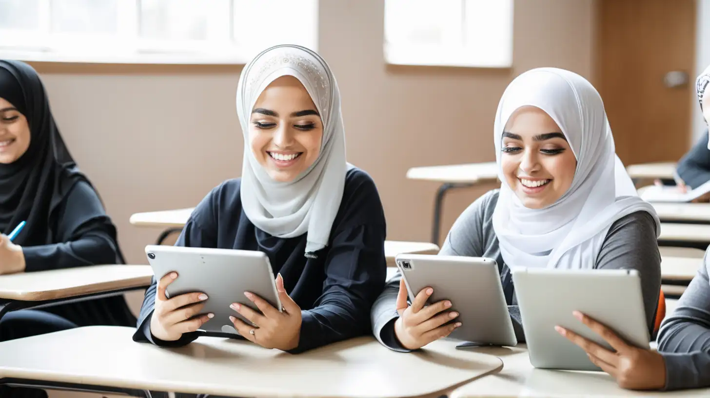 Joyful Woman Learning with iPads at Islamic Adult School