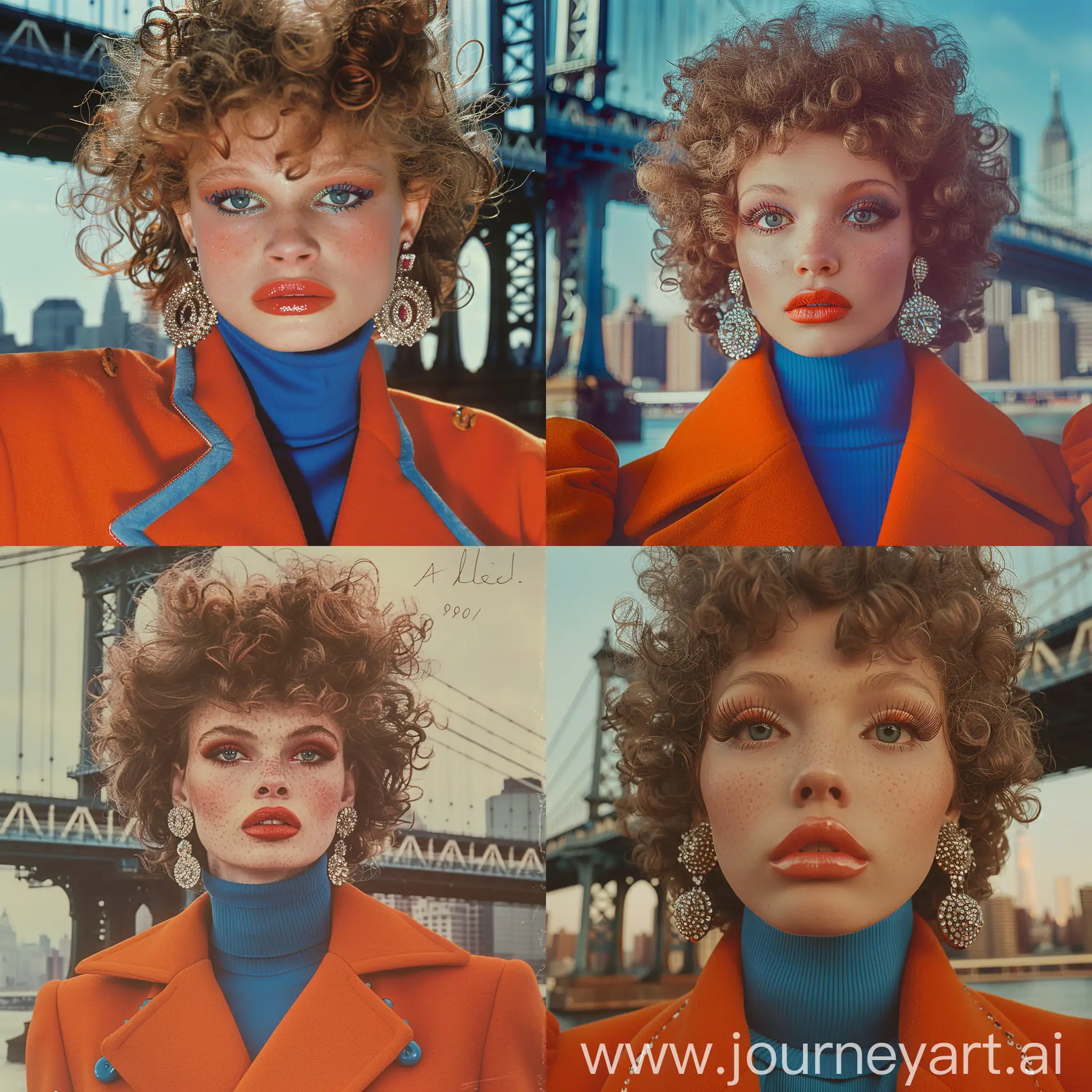 1980-Fashion-Model-on-New-York-Bridge-Stylish-Orange-Coat-and-Iconic-Dolce-Gabbana-Earrings