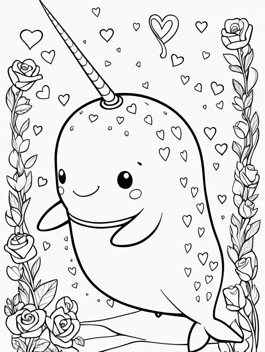 coloring pages for kids, valentines and narwhals, white background, anatomically correct
