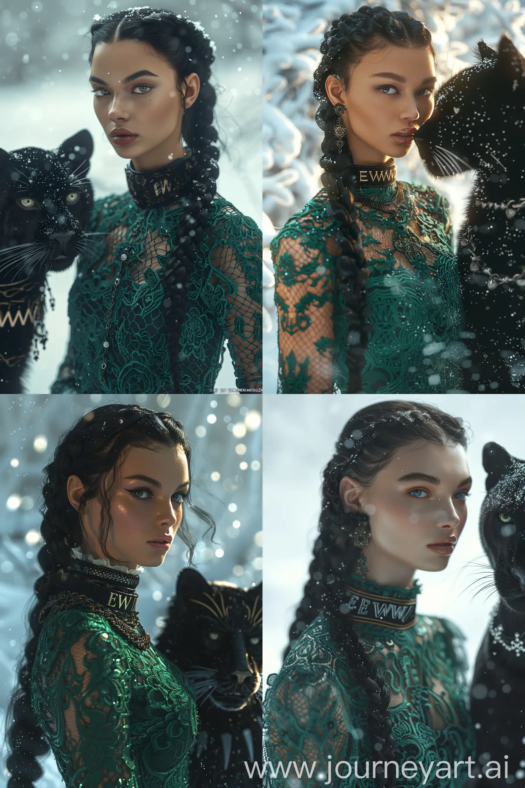 a beautiful model girl black long braided hair, a collar with the insription "EWW" standing by black panther, emerald green lace dress , weird fashion , snowy background, 32k , 3D, 4k , ultra realistic , light, highlights,, fashion photographed by Emil Melmoth, Marcin Nagraba, Rebecca Millen, weird fashion, ultra realistic , wild design bright light, --ar 2:3 --stylize 250 --style raw