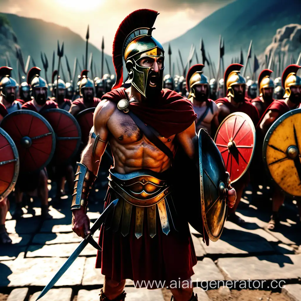 В переди царь Леонид и 300 спартанцев, изготовились к битве, реалистично, высокое разрешение, кинематографично, 4k, высокая детализация, straight angle, overall plan, яркие цвета.
