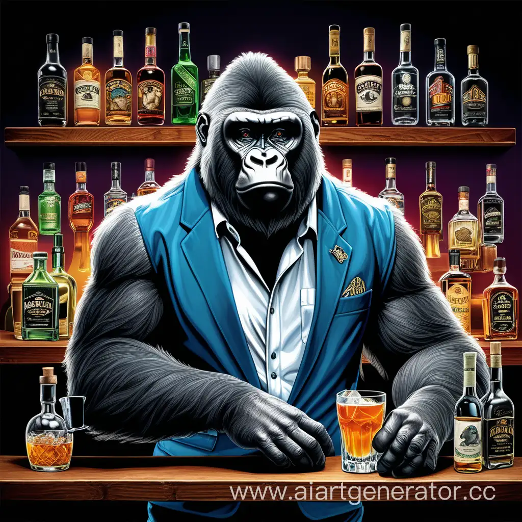 Create a captivating t-shirt artwork featuring a detailed illustration of a gorilla bartender in action. Place the gorilla behind a bar, skillfully mixing drinks, surrounded by an array of liquor bottles in the background. Add ambiance to the scene with glowing neon signs and a touch of smoke from cigarettes, capturing the atmosphere of a lively bar. Ensure intricate details in the gorilla's expression and actions, conveying a sense of expertise and charm. The overall design should be vibrant, dynamic, and celebrate the fusion of wildlife and nightlife, making it a visually compelling and unique t-shirt concept. the gorilla should wear the bartender costume