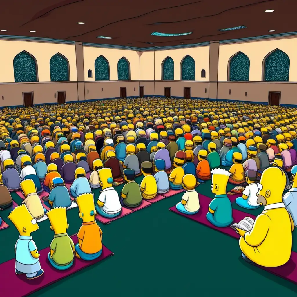 Simpsons Style Mosque Congregation Prayer