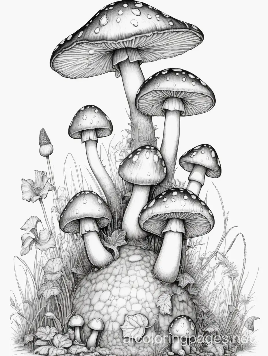 toadstools, highly detailed, intricate frame,  Jean-Baptiste Monge, Coloring Page, black and white, line art, white background, Simplicity, Ample White Space. The background of the coloring page is plain white to make it easy for young children to color within the lines. The outlines of all the subjects are easy to distinguish, making it simple for kids to color without too much difficulty