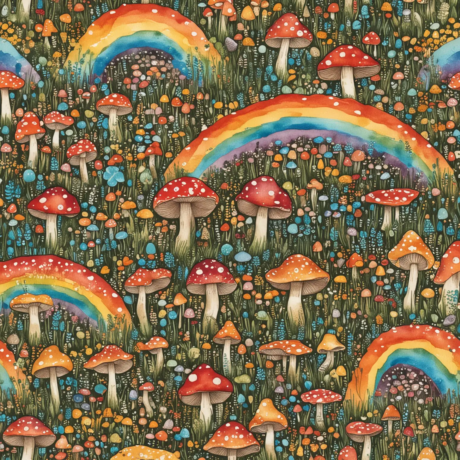 Boho Rainbow Farmhouse Field of Mushrooms Artwork