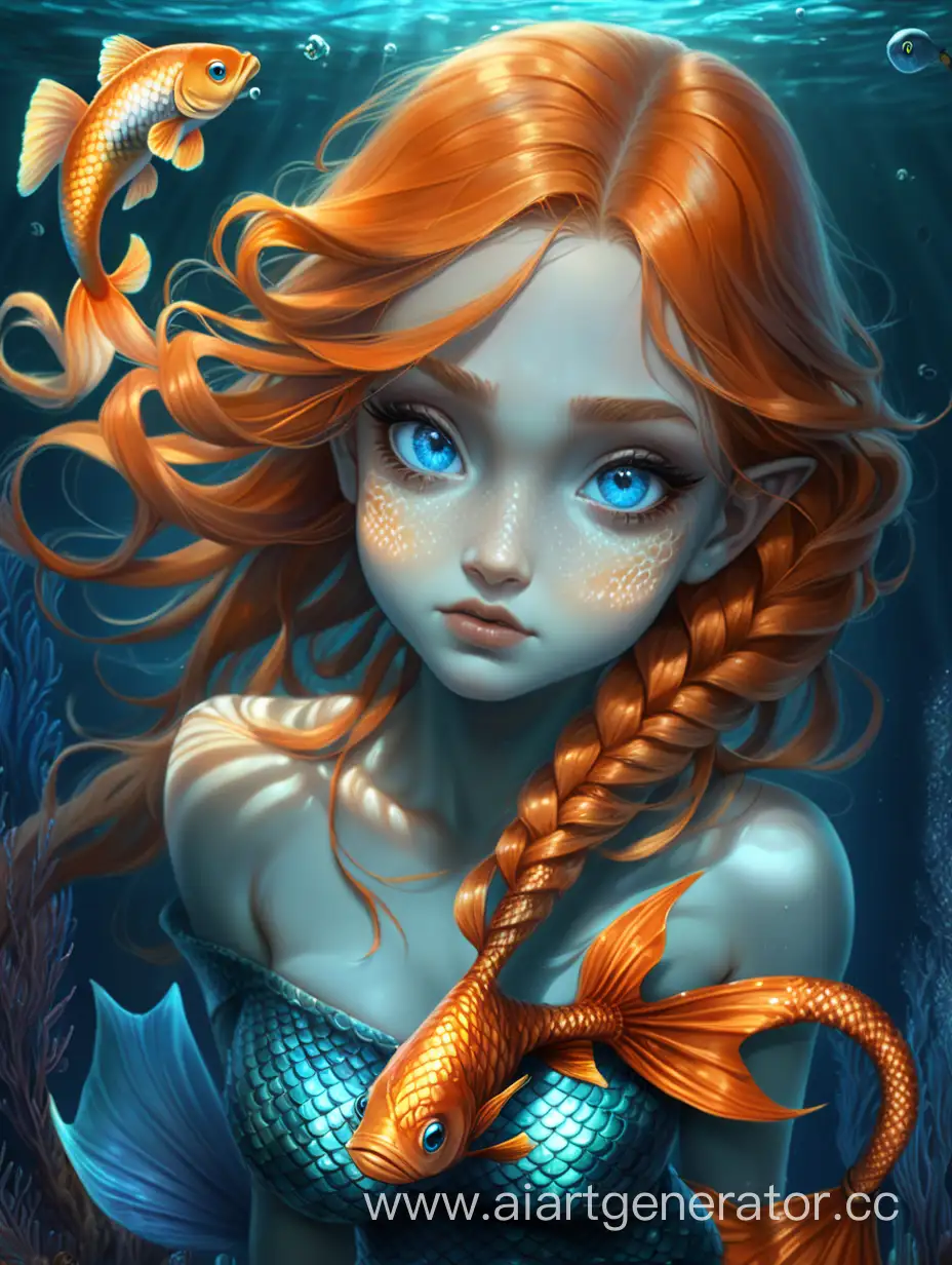 A girl with blue eyes, skin covered with orange scales, and a fish tail instead of legs.She is cruel mermaid in black water