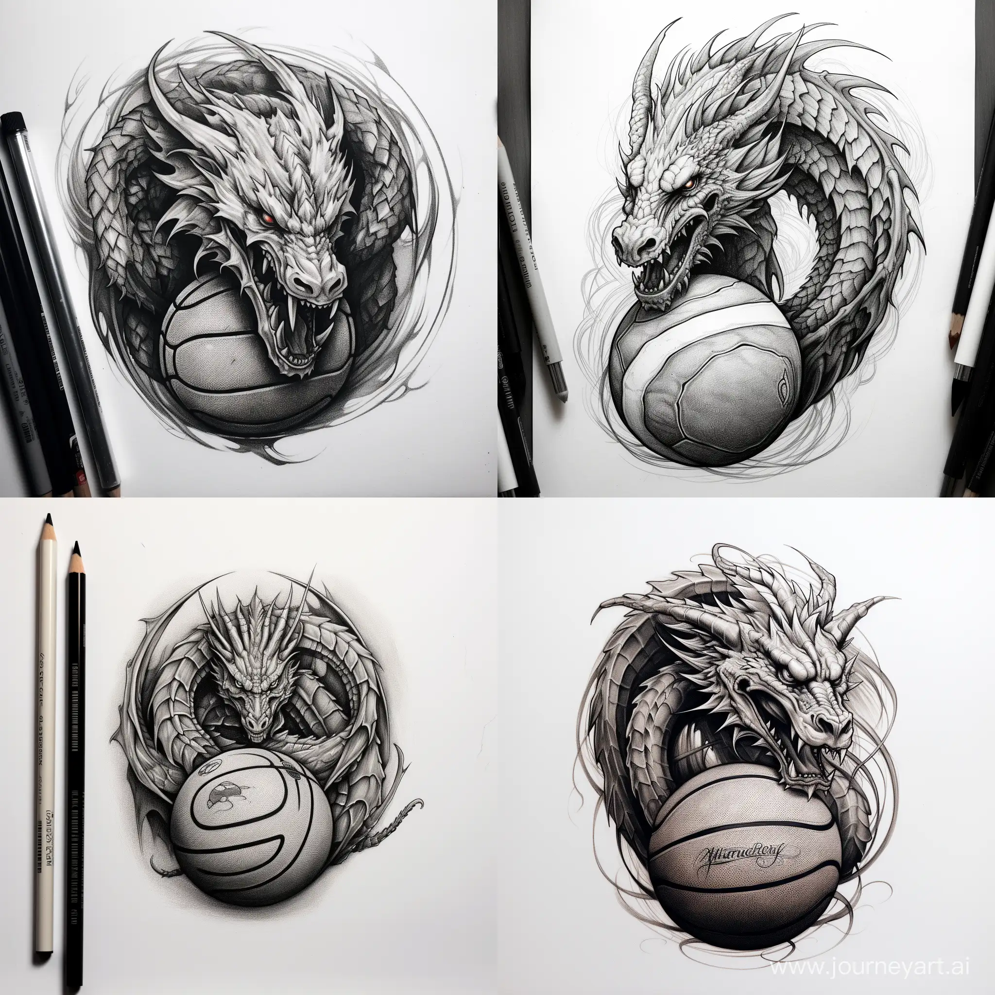 Эскиз татуировки дракон с баскетбольным мячом