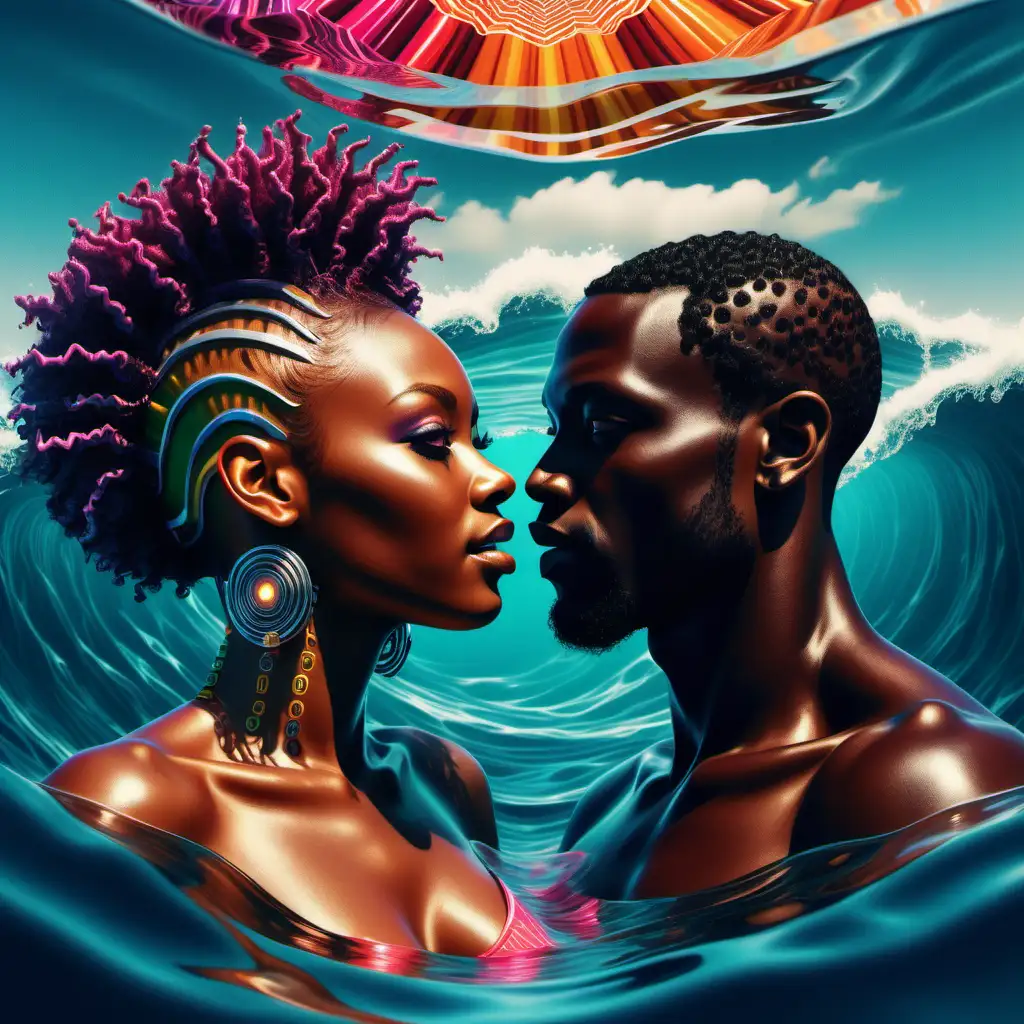 Vibrant Cyber Realistic Melanin Couple Embraced by the Oceans Kaleidoscope