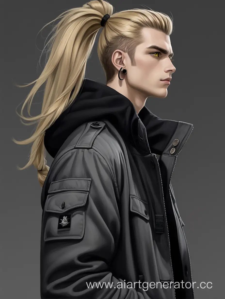 a young man; 192 cm; athletic frame; long blond hair tied into ponytail; yellow eyes; bristle; black earrings; dark pullover; black jeans; military boots; dark grey coat 
