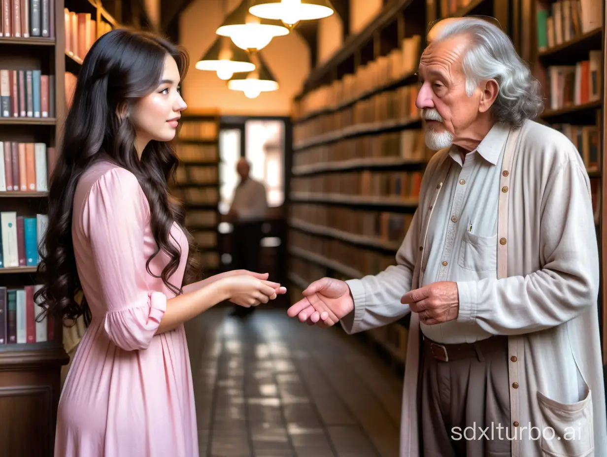 A one beautiful (((girl))) in her twenties with long black hair, curly at the ends, wearing a medieval pale pink beautiful summer dress, talking to (((an old man))) about sixty-five years old, very tall, thin, with disheveled gray hair, dressed in a light medieval shirt, gray jacket and dark pants, in a small old bookstore 
