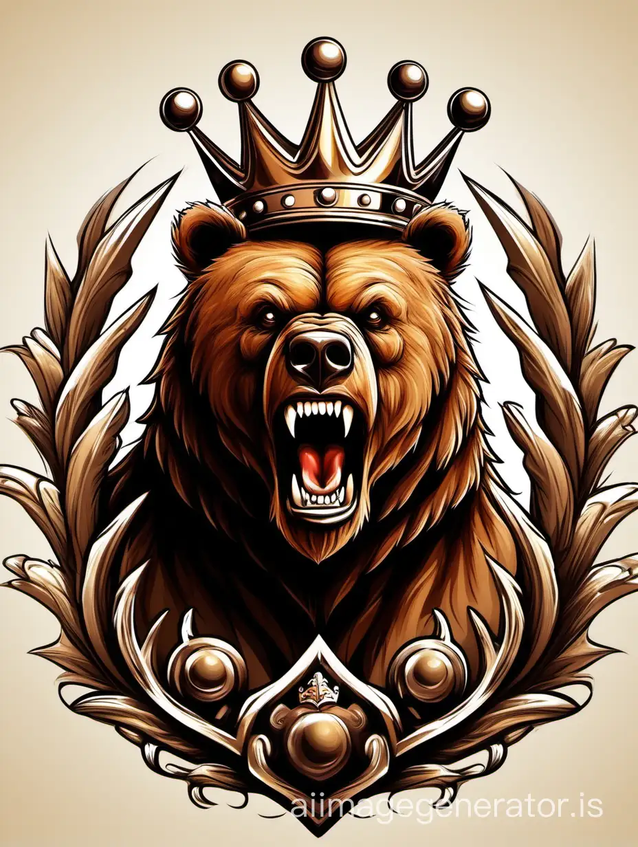 logo brown bear in crown, muscles, jaws, roar, strength, vector graphics, fantasy realism, HD