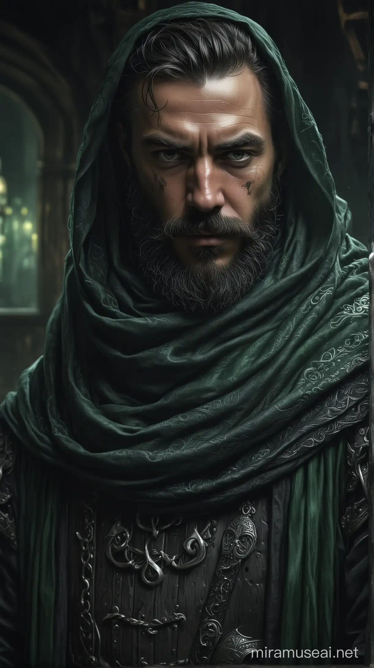 Medieval warrior clad in black battle attire, standing in his dark house made up of green glass, conceals head with scarf, his medium beard and mustache prominently displayed, foregrounded by a close-up, heightened tension, digital painting, ultra fine details, atmospheric mood