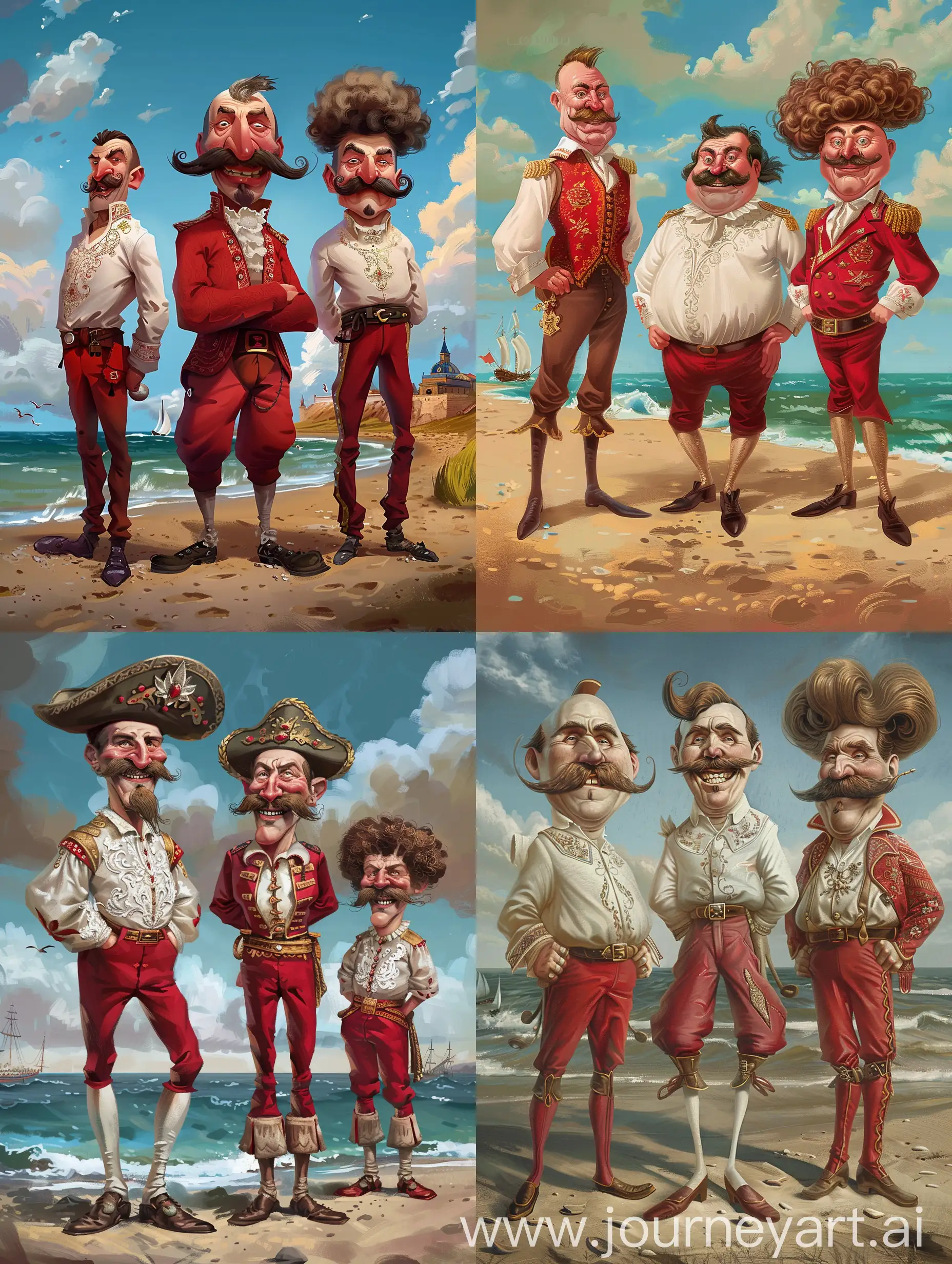 2D, shore, 3 Cossacks, the first Cossack is tall and with broad shoulders and strong arms and short hair, the second Cossack is tall and thin, he has a large mustache and is dressed in a red suit and a forelock sticks out from under his oblong hat, 3 Cossack is very short he has a huge curly mustache and the same forelock, the Cossacks are dressed in white embroidered shirt and red trousers and oblong shoes, they are smiling
