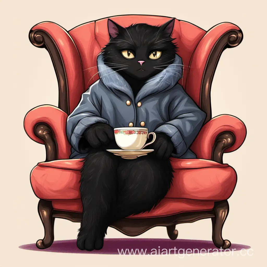 Cozy-Black-Cat-Enjoying-Tea-in-Stylish-Attire