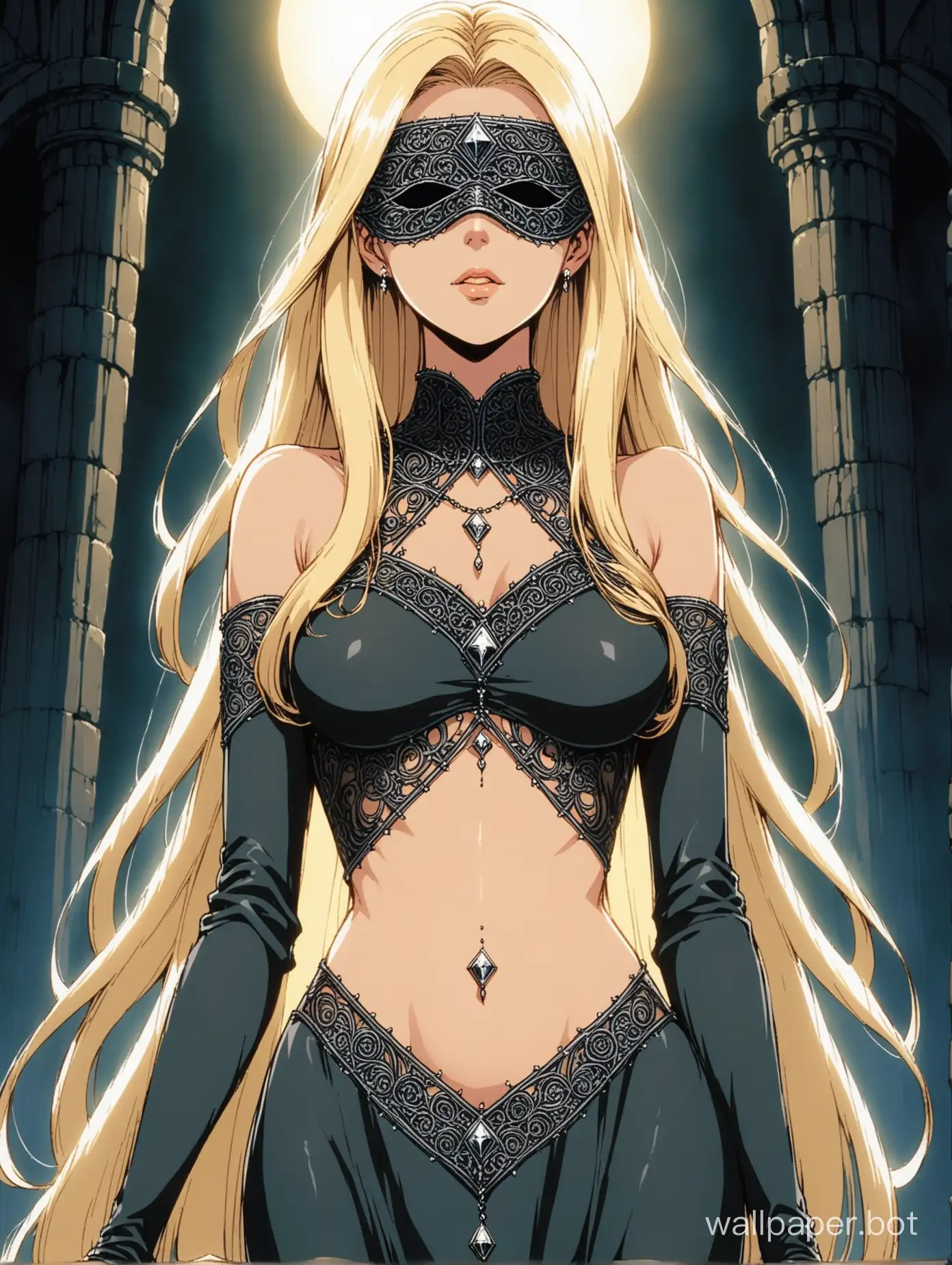 a young and attractive white woman, she has long wavy white-blonde hair, standing regally, elegant and slender, thin sharp face, kind and sullen expression, wearing an ornate metal blindfold, wearing a sheer thin dark grey skintight dress, large diamond-shaped navel cutout, her stomach is exposed, wearing a navel piercing, decorative stitching, medieval elegance, 1980s retro anime
