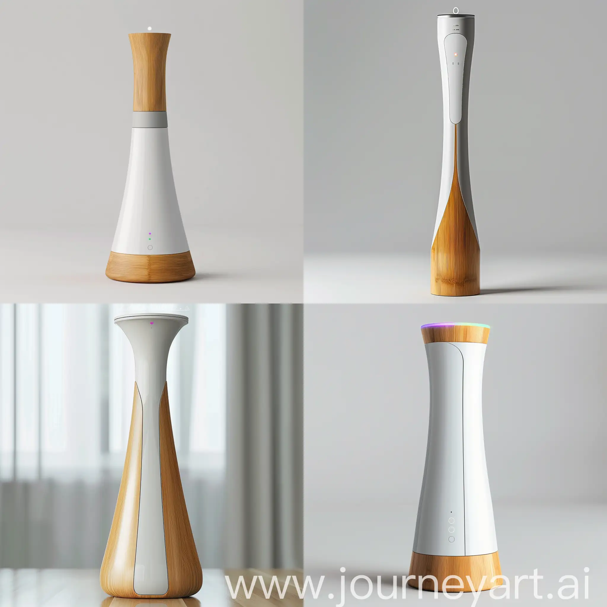 "Visualize a sleek, elegant energy management device, standing 30 cm tall with a form tapering from 8 cm at the base to 5 cm at the top. The base is made of sustainable bamboo, introducing a warm, natural element into its design, while the body is crafted from high-quality recycled plastics in a neutral white or light gray, embodying modern sustainability. At the top, a subtle LED light tag provides ambient lighting and notifications, changing colors according to the device’s status. The device's minimalist design is complemented by a discrete touch-sensitive area for basic interactions, seamlessly integrated into the body without disturbing the clean lines. This design epitomizes eco-friendly elegance and modern technology, fitting seamlessly into contemporary smart homes."realistic style
