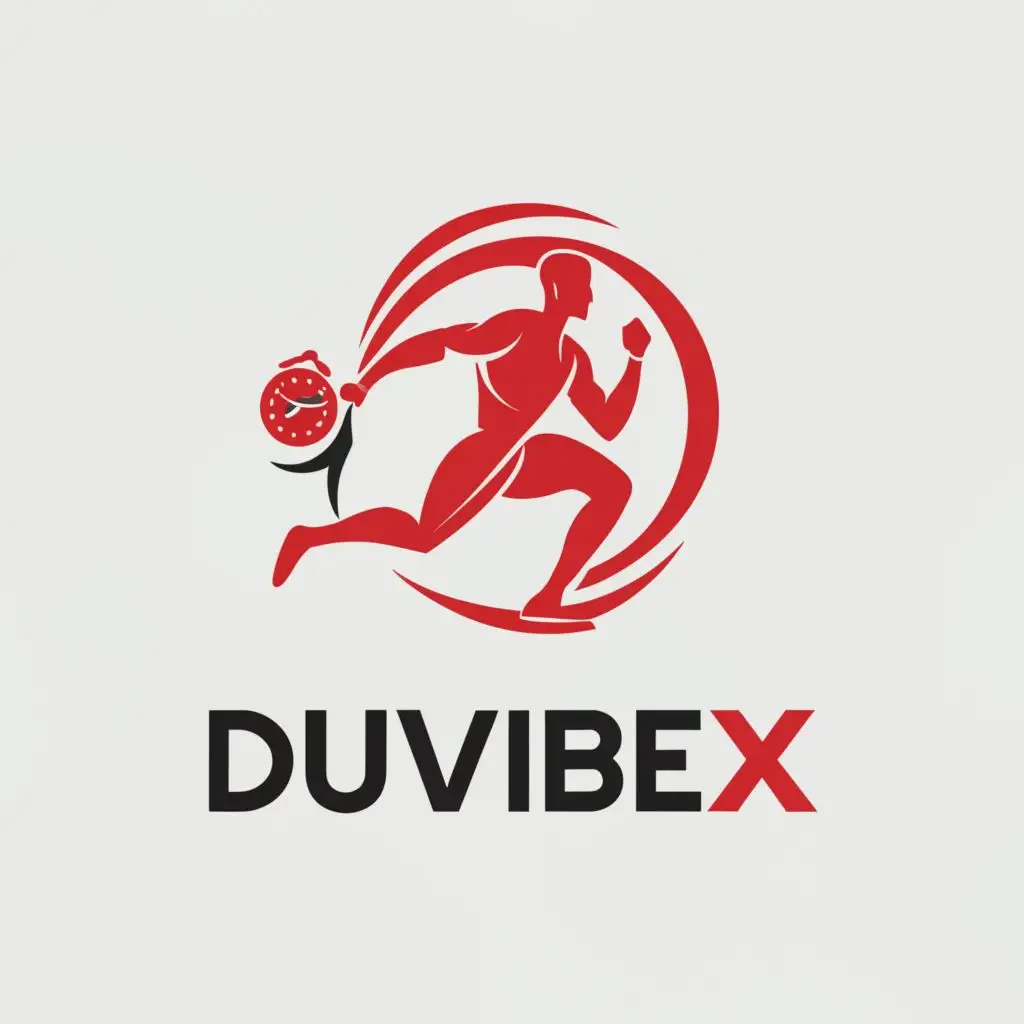 a logo design,with the text "DuVibeX", main symbol:Run, Barbel, stopwatch, be used in Sports Fitness industry