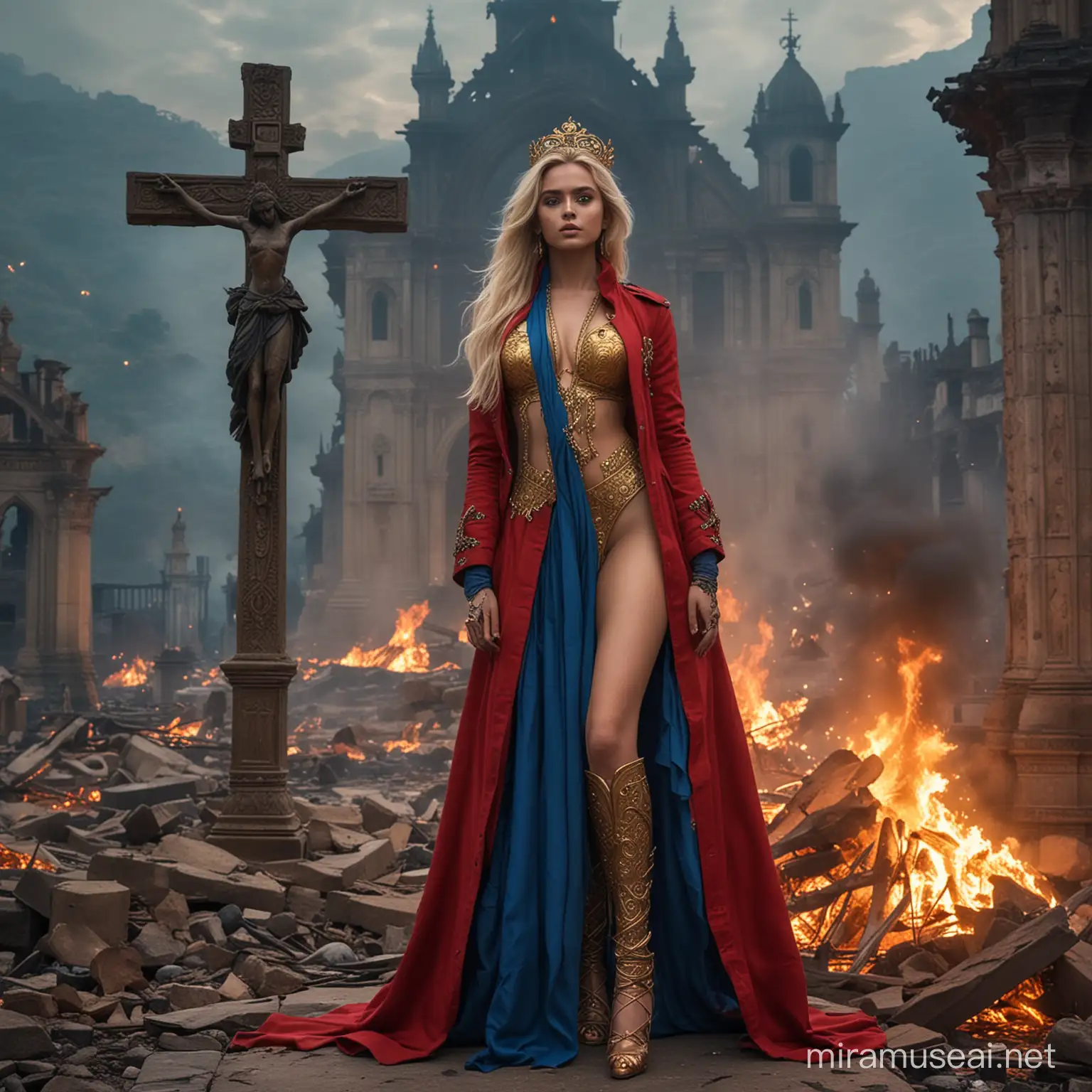 Majestic Hindu Goddess of Fire in Ruined Church Setting with Peacock