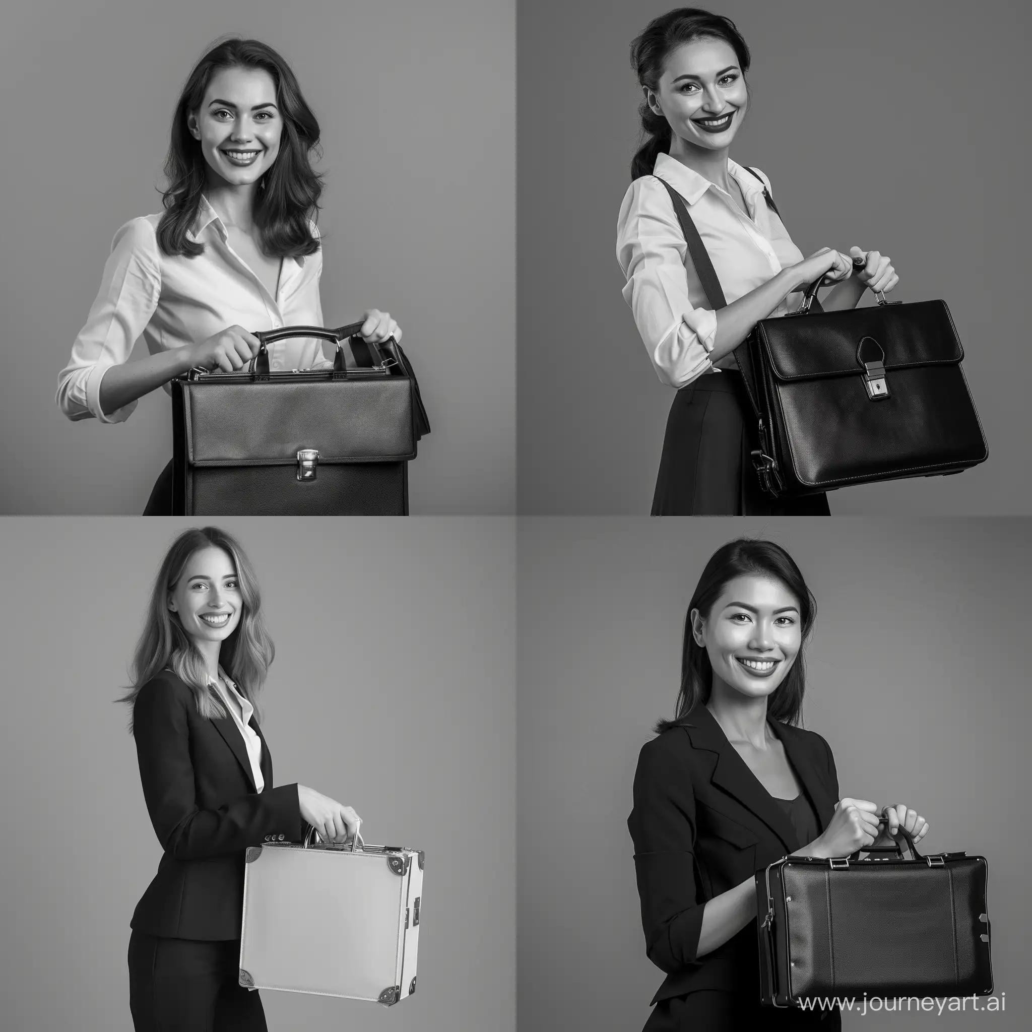 a woman puts in a briefcase, a smile,a stylish black and white magazine photo, a uniform gray background