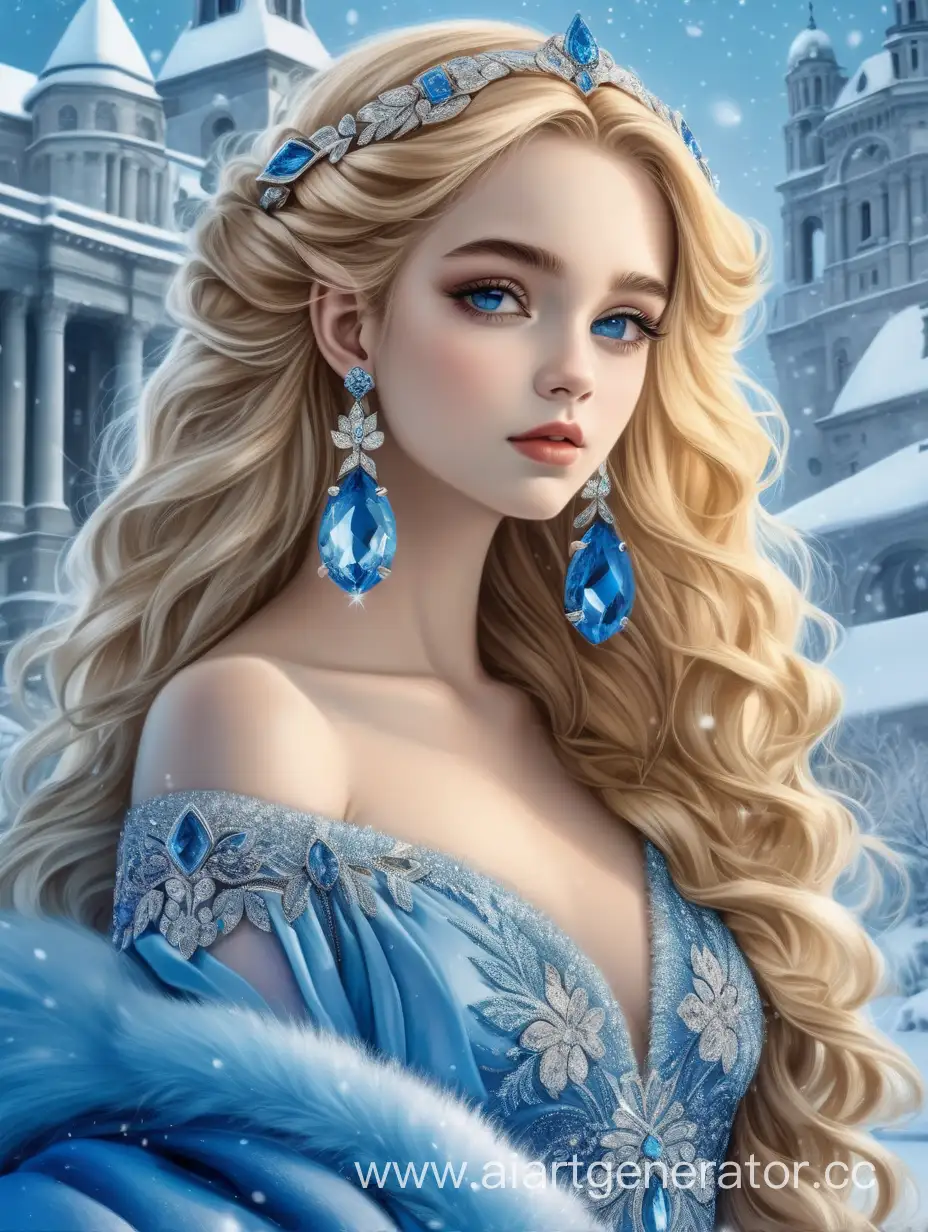 Необычайно красивая девушка с золотыми волосами до талии, в красивом пышном платье нежно голубого цвета, с синими массивными серьгами с драгоценными камнями, на фоне белоснежной зимы