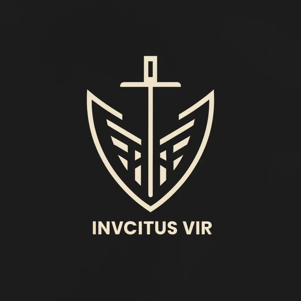 a logo design,with the text "Invictus Vir", main symbol:A strong warrior or perhaps a shield,Minimalistic,clear background