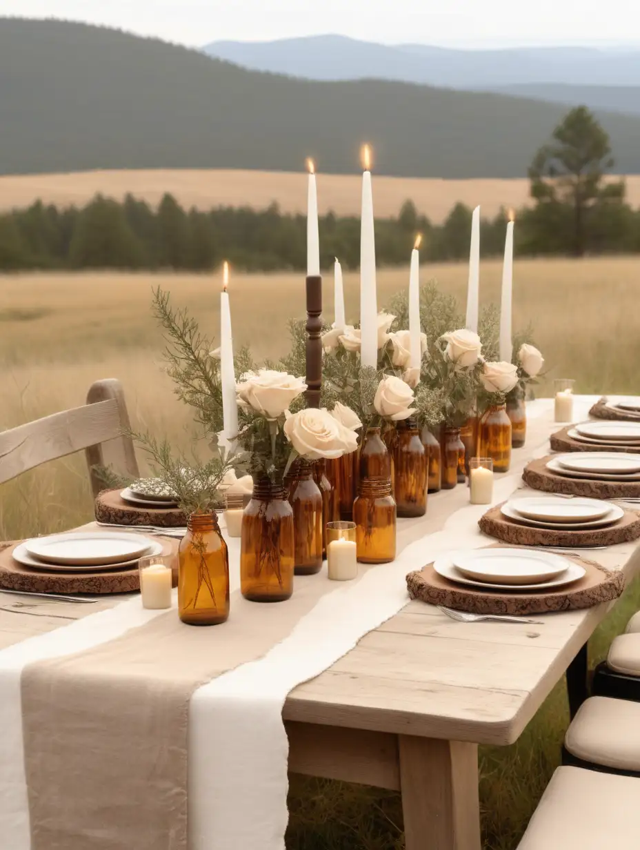 table set up for intimate lunch outdoors in an open country field with overgrown shrubs and flowers. table decorated in a rustic, neutral, organic style with amber glass jars filled with beige roses, brown and beige taper candles and a cream blanket used as a table runner. pine Mountains in background. 
