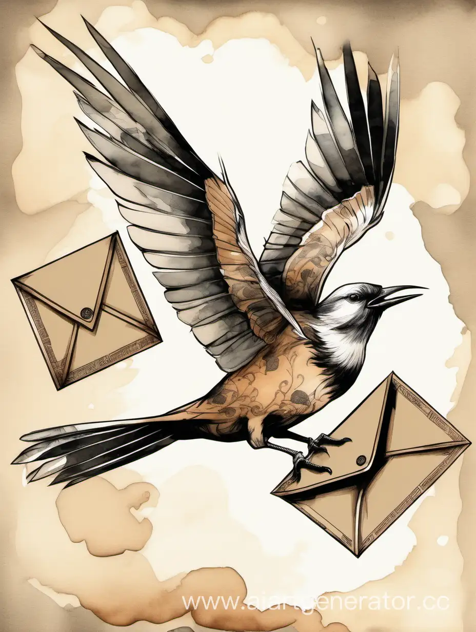 Птица летит и держит конверт в клюве, китайский стиль, рисунок тушью и акварелью, черно-белая графика с элементами коричневого цвета
