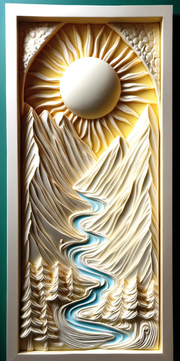 White Chocolate Carved Mountain Sunrise 3D Bas Relief Artwork